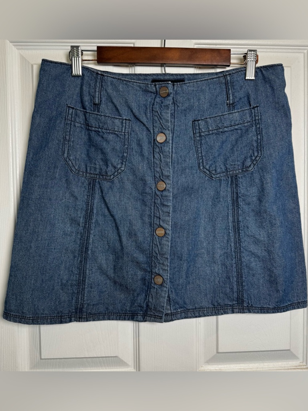 Sanctuary Marianne Denim Skirt Size 30 Button Front A-Line Cotton Linen Blue